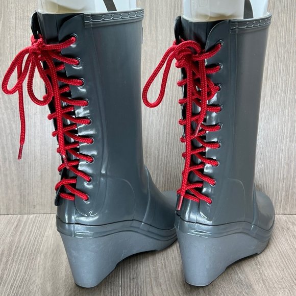 Hunter Rain Boots Womens Size 7 Verbier Tall Lace Up Detail Wedge Rubber Gray - Picture 6 of 10
